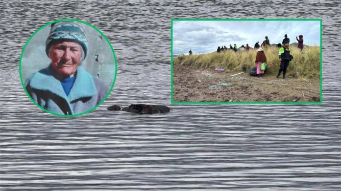 Circular inset portrait of an elderly woman wearing a blue coat and hat on the left; on the right, a group of people on a grassy shoreline with equipment, bordered in green.
