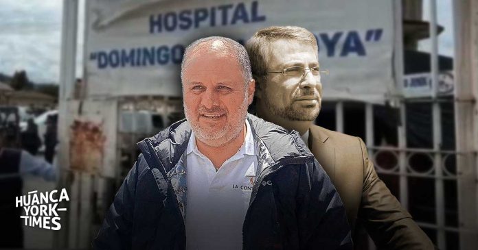 Two men posing in front of a hospital entrance with a banner reading 'HOSPITAL' in the background; Huanca York Times logo bottom left.