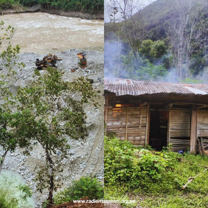 Split image: left shows a muddy riverbank with two chairs on gravel; right shows a smoky, dilapidated wooden hut with a corrugated tin roof.