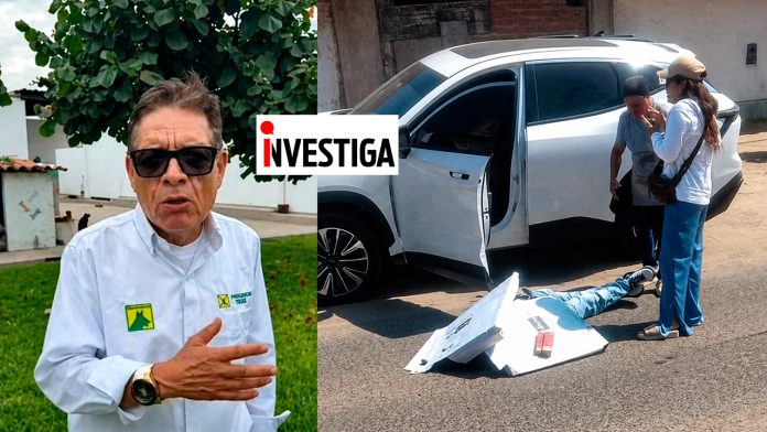 Investigation collage: man in white shirt with logos on left, outdoor scene; right shows a silver SUV with open door and two people examining debris on the ground; 'INVESTIGA' logo in center.