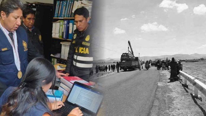 Split image: on the left, a person typing on a laptop at a desk surrounded by uniformed officials and stacks of files; on the right, a black-and-white roadside scene with a crane truck and a line of people near a guardrail, suggesting a police or emergency operation.