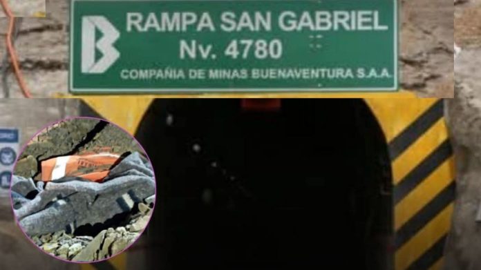 Green sign reading 'Rampa San Gabriel' with number 4780 above a tunnel entrance in a mining site; inset shows rubble and debris with orange safety gear.