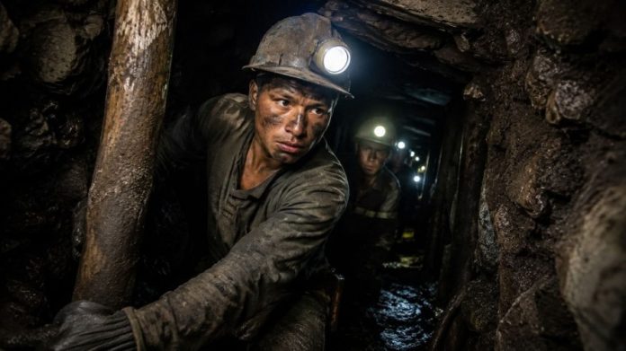 Miners in a dark, muddy tunnel wearing helmets with headlamps, crawling forward with focused expressions.