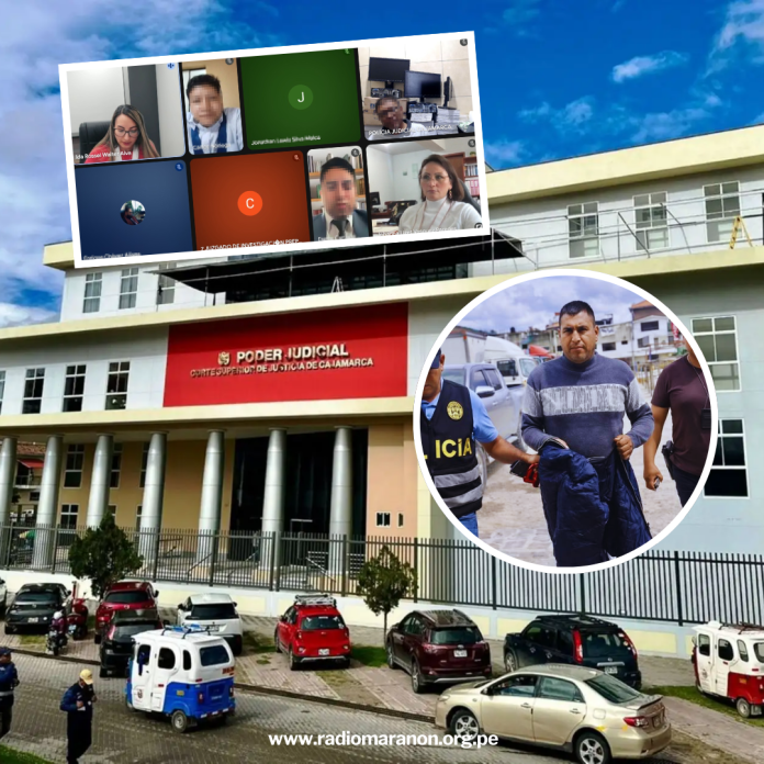 Judicial building exterior with sign 'Poder Judicial' and a street scene beneath; inset shows a video conference grid and officials nearby; radiomaranon.org.pe watermark.