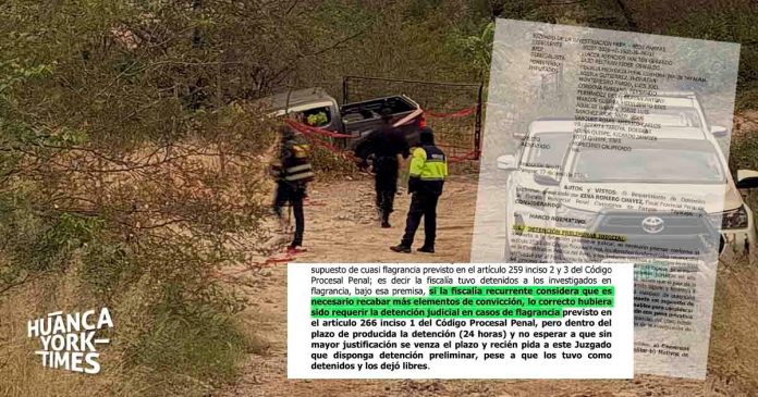 Crime-scene outdoors with investigators near a damaged vehicle and red tape; a translucent legal document overlay on the right, watermark reads 'HUANCA YORK TIMES'.