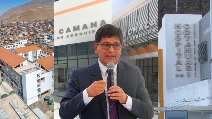 Composite image showing Arequipa city rooftops, a man in a suit speaking into a microphone, and a hospital facade in a three-panel collage.