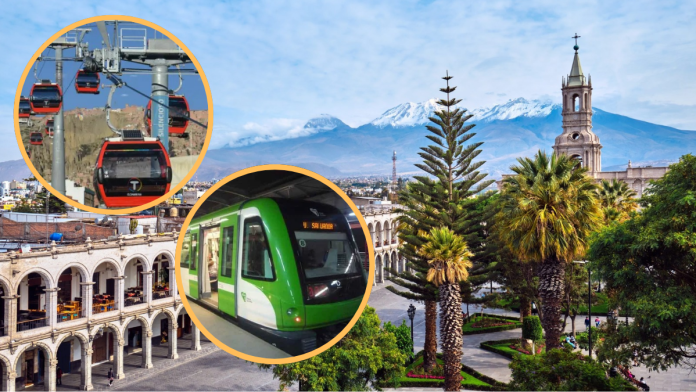 City square with arches and palm trees; insets show a red cable car gondola and a green urban tram, illustrating public transport options.