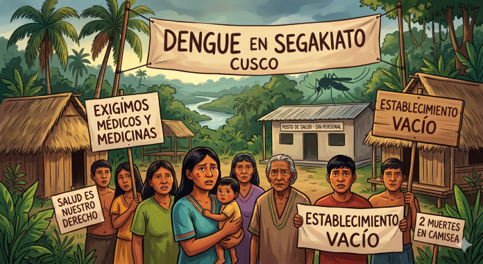 Grupo de vecinos en un poblado selvático protestando contra el dengue en Segakiato, Cusco, con carteles de salud y comunidad.