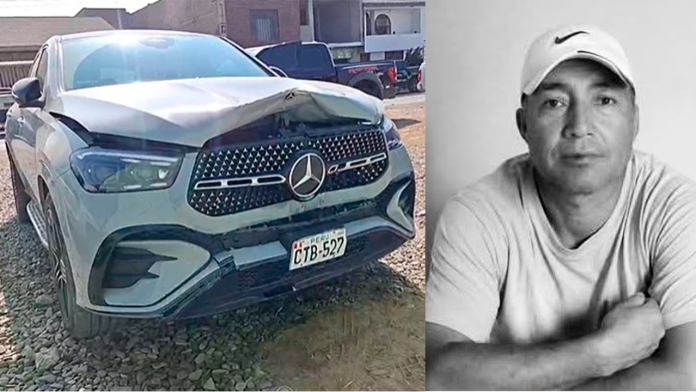Split-image showing a damaged silver Mercedes SUV with a crumpled hood and license plate CTB-527 on a rocky lot, and a grayscale portrait of a man in a white cap and t-shirt beside it.