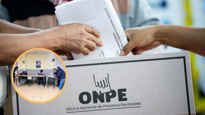 Voters place ballots into an ONPE ballot box during polling in Peru (election scene).