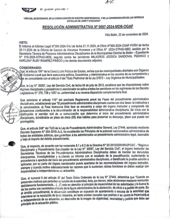 Official administrative resolution page in Spanish: 'RESOLUCIÓN ADMINISTRATIVA N° 0097-2024-MDB-OGAF' dated 22 de noviembre de 2024, with government seals.