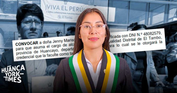Official-looking woman in a suit wearing a green, yellow, and white sash stands in front of a building with news clippings overlaid and the Huanca Times logo visible.